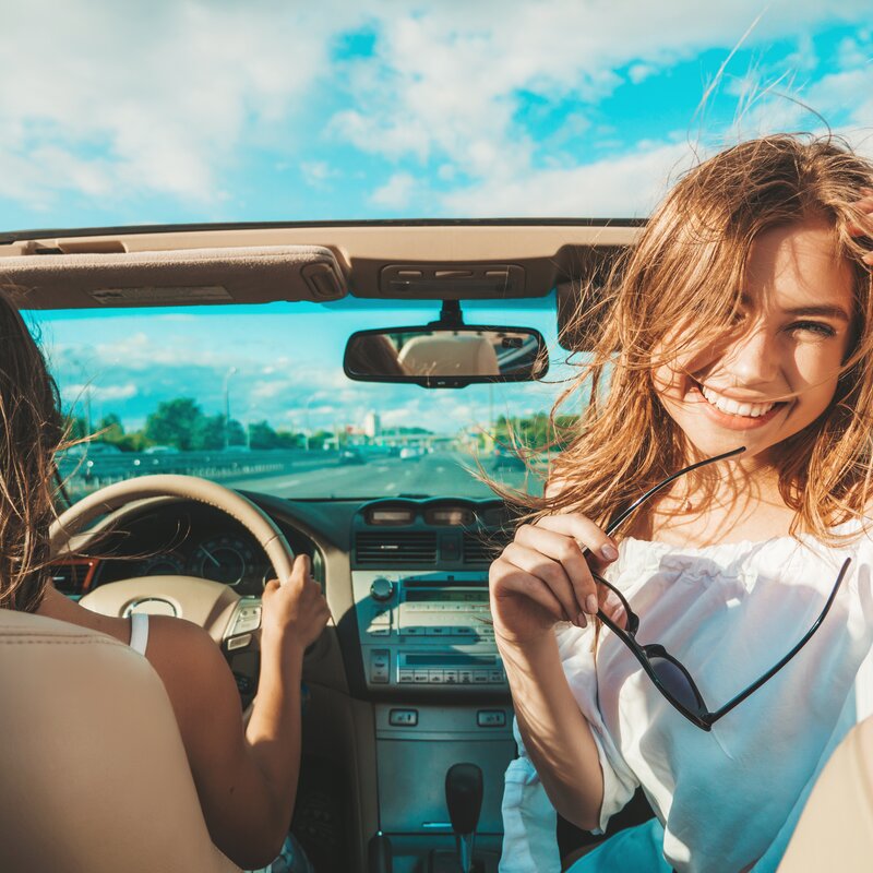 Portrait Two Young Beautiful Smiling Hipster Female Convertible Car 1